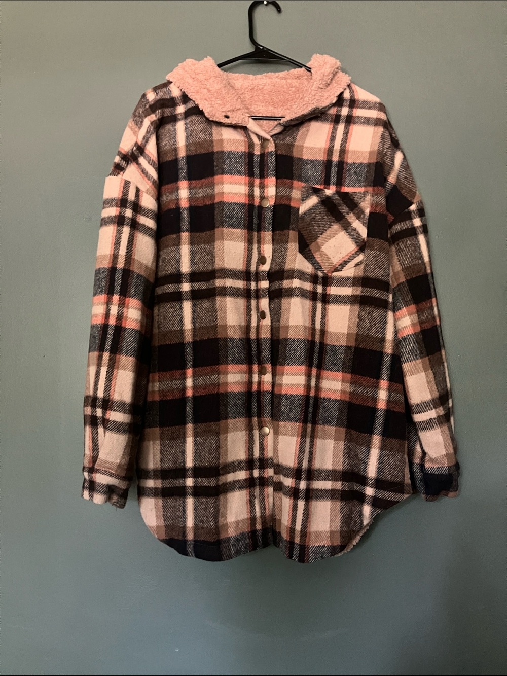 Plaid Teddy Shacket with Sherpa Hood - Pink & Black